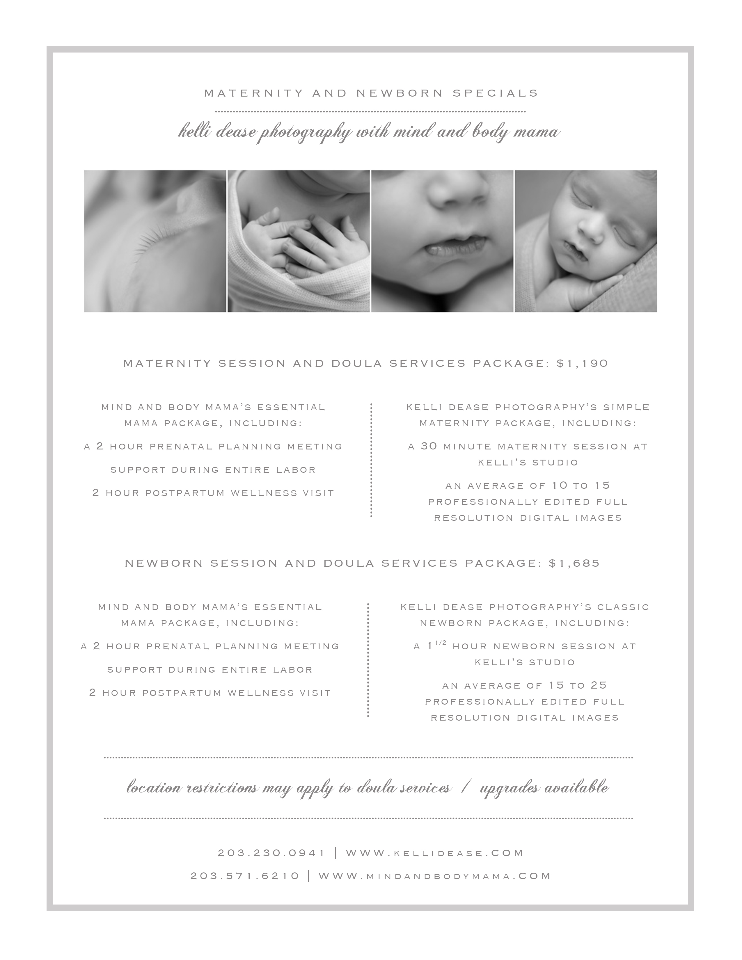 Maternity and newborn photography and doula services special package.