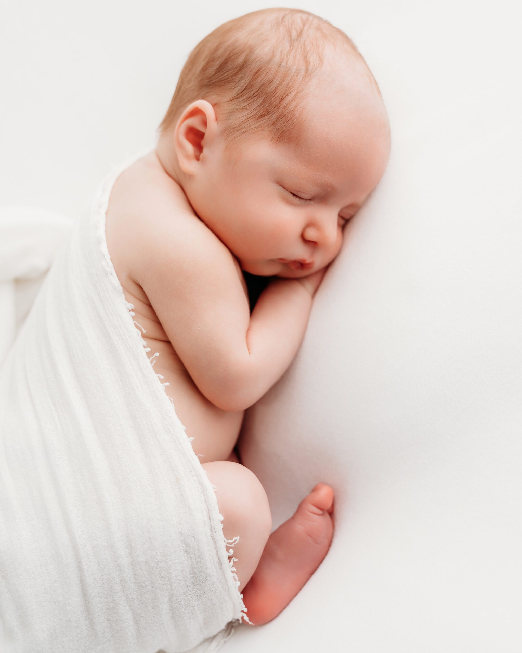 Studio newborn portrait of a sleeping baby curled on their side, wrapped in soft white fabric against a light neutral background during a minimalist newborn photography session.