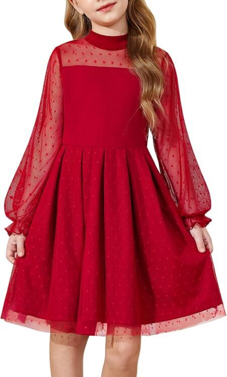 Arshiner Girls Dresses Contrast Mesh Puff Long Sleeve