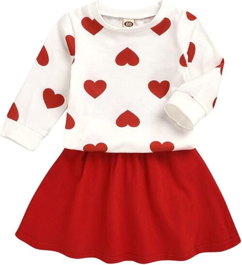 Toddler Baby Girls Valentines Outfits Long Sleeve Heart Print Top + Red Skirt Set