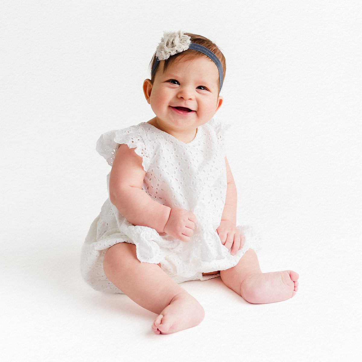 first year package 2 baby image Smiling baby girl sitting against a white backdrop, wearing a white eyelet dress and floral headband during a Connecticut studio milestone photography session.