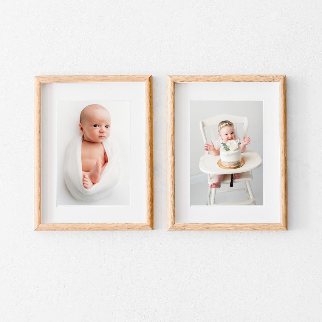 framed photo collage featuring an image from a connecticut newborn photoshooot and an image from a first birthday photo shoot