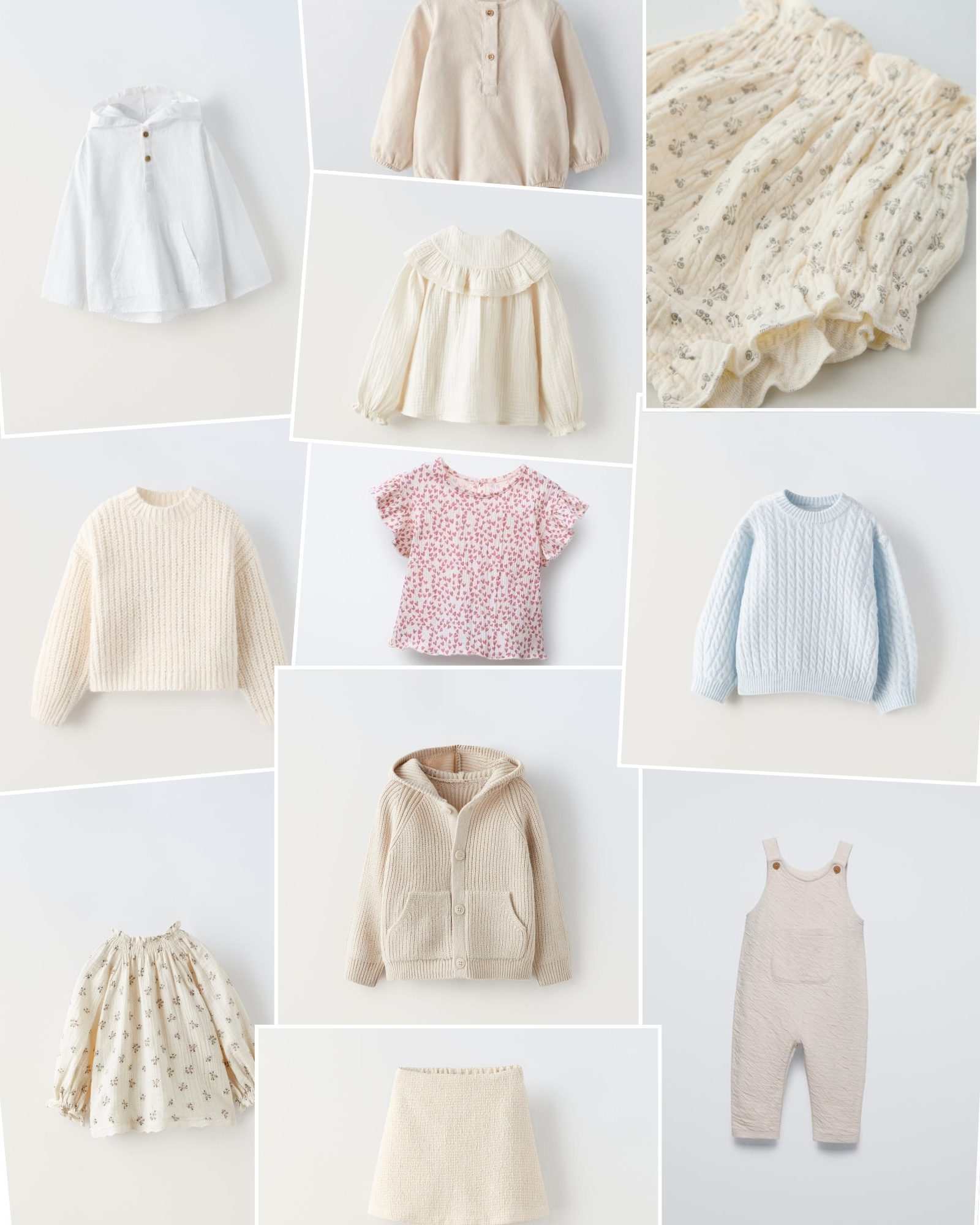 a selection of baby and childrens clothes in neutral colors and soft knits and cottons