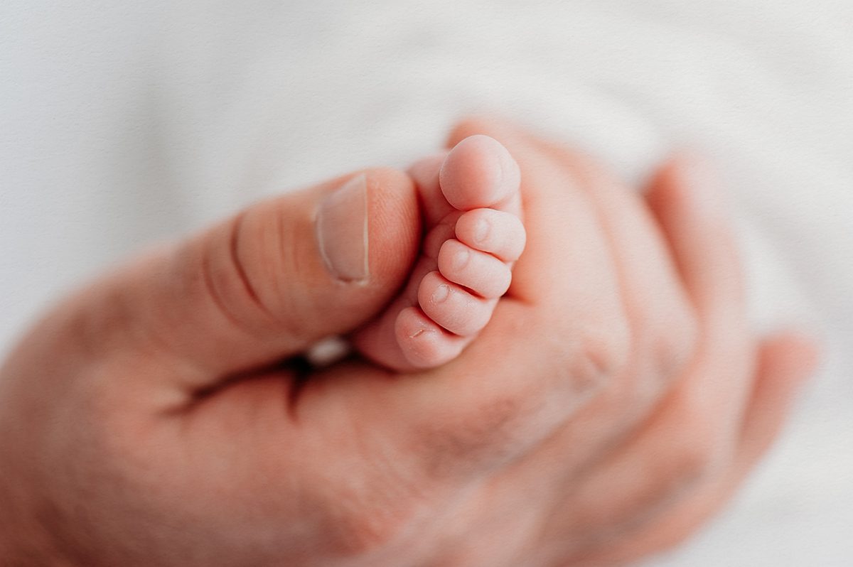 Close up macro photo of a newborn baby's toes cradled in his father's hand