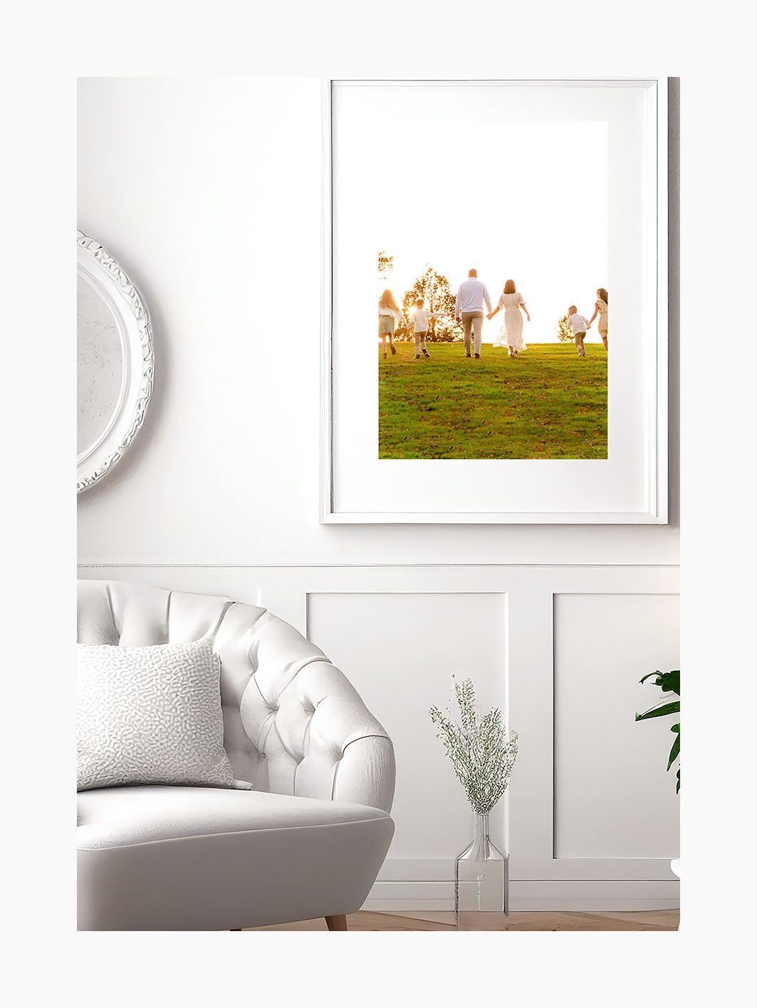 framed print from an outdoor family photo shoot hanging on a wall in a modern home