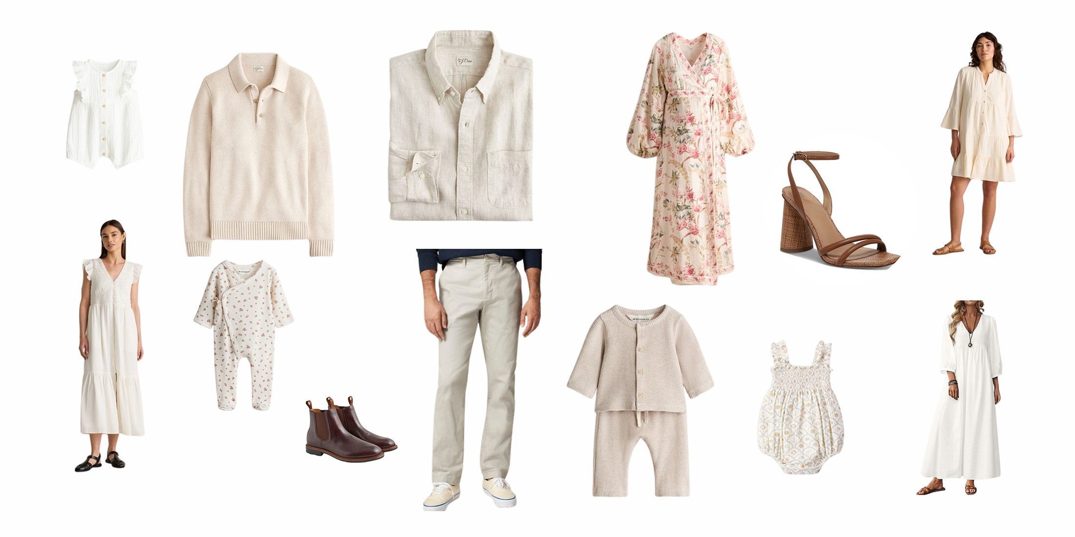 Neutral family photo outfit inspiration featuring coordinated looks for parents, babies, and children in muted tones for a timeless family photoshoot.