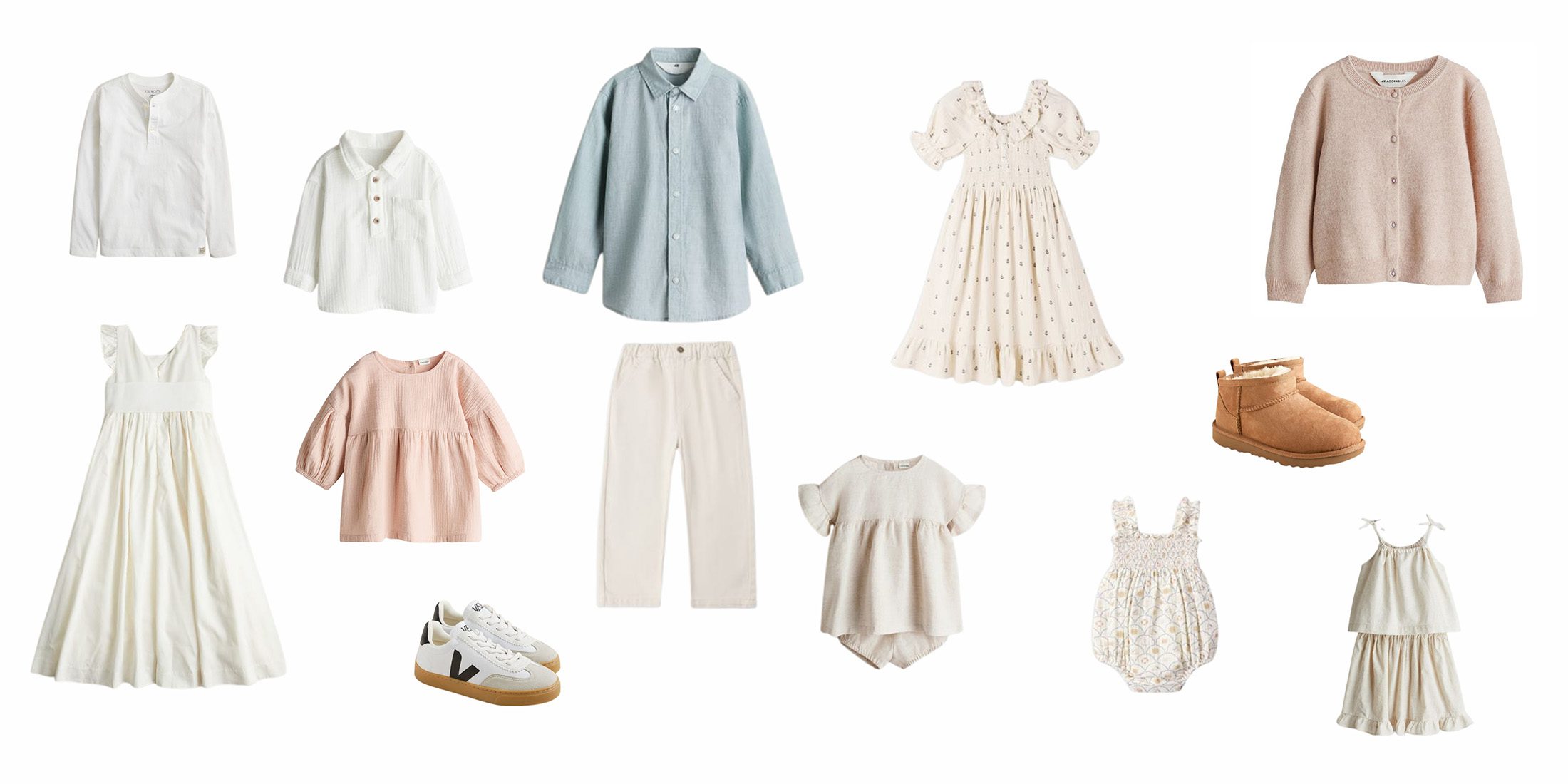 Neutral newborn and family photo outfit inspiration featuring soft dresses, rompers, knit layers, and simple pieces in cream and blush tones.