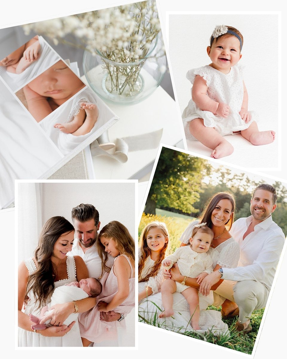 photos from a baby's first year photo package displayed on a tabletop