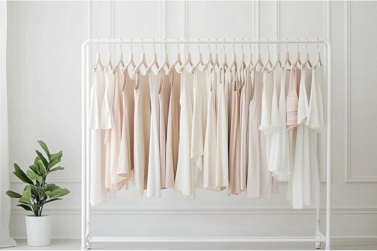 a clothing rack with neutrally colored dresses in a white photo studio