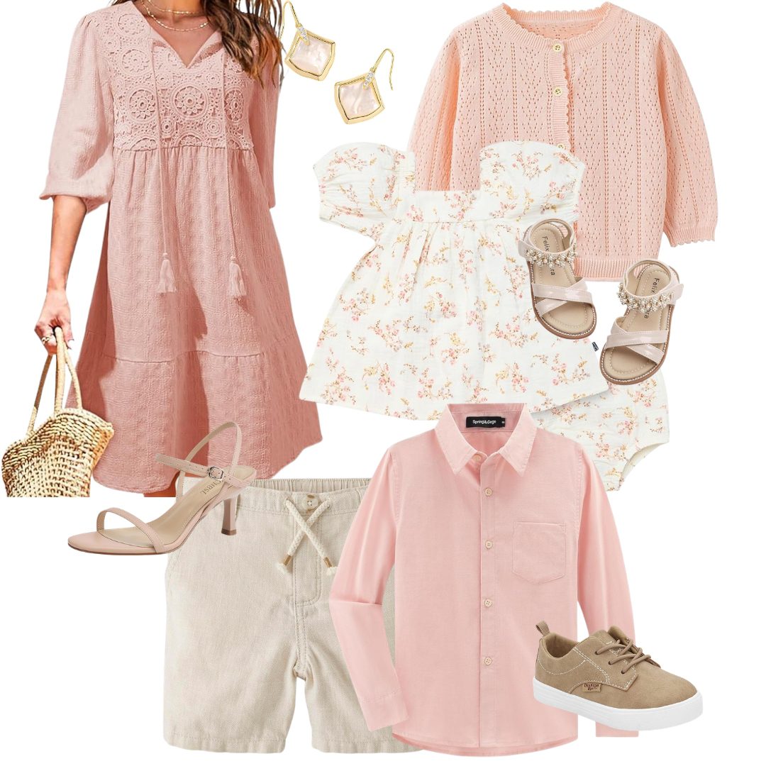 a selection of photo session clothing options for mothers and little kids in shades of light pink
