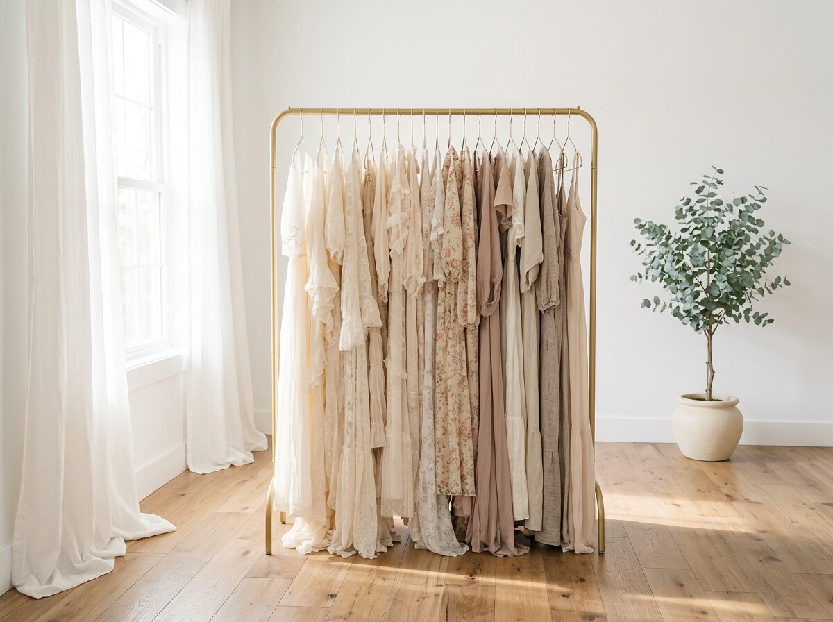 a gold garment rack in a Connecticut photo studio with wood floors and flowing white curtains, with soft window light coming in. On the garment rack are neutrally colored dresses for a maternity photo session.