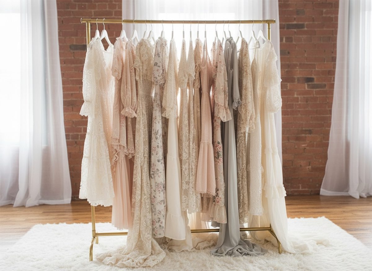 A garment rack in a light-filled Farmington, CT photography studio filled with neutrally colored dresses
