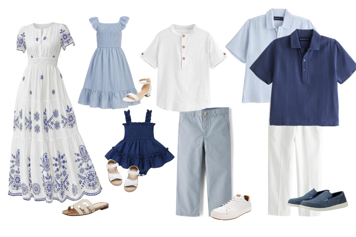 a flat lay image of outfits for a Spring Connecticut family photo session in coordinating shades of blue, navy and white.